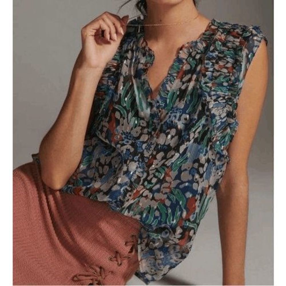 Anthropologie Let Me Be Metallic Sheer Floral Preppy Ruffle Career Top size XS